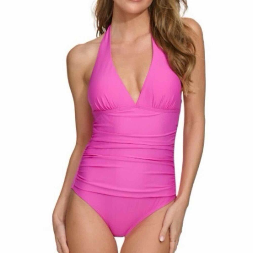 DKNY Triangle Halter One Piece Swimsuit Carnation Pink Size Large